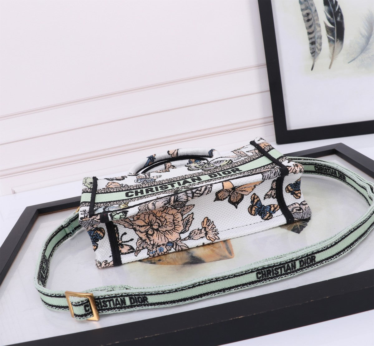 Christian Dior Medium Lady D-Joy Bag with Butterfly Around the World Motif - White & Green