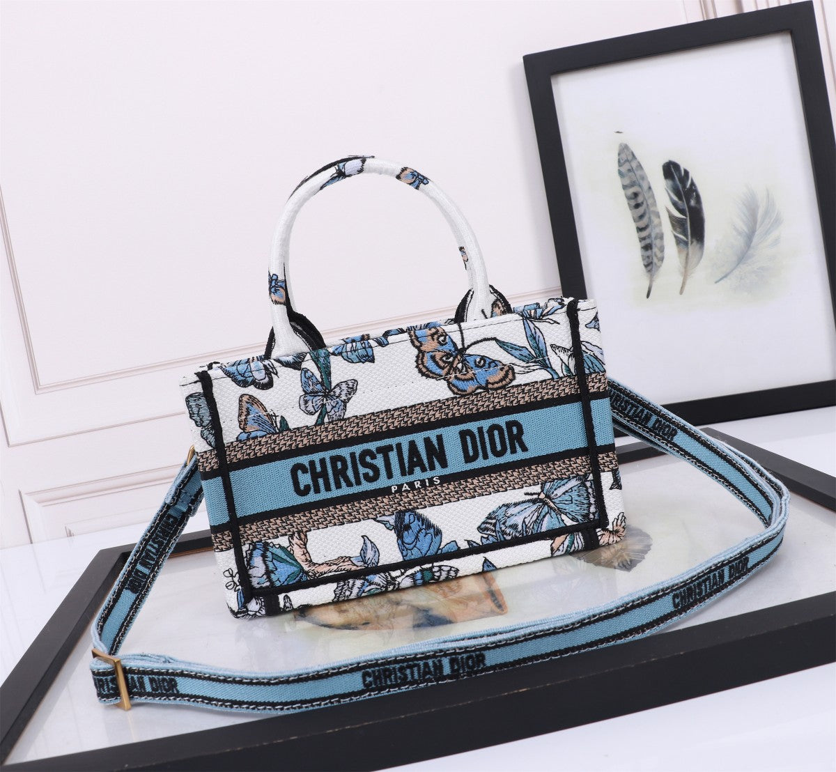 Christian Dior Blue Butterfly Embroidery Small Book Tote Handbag with Strap