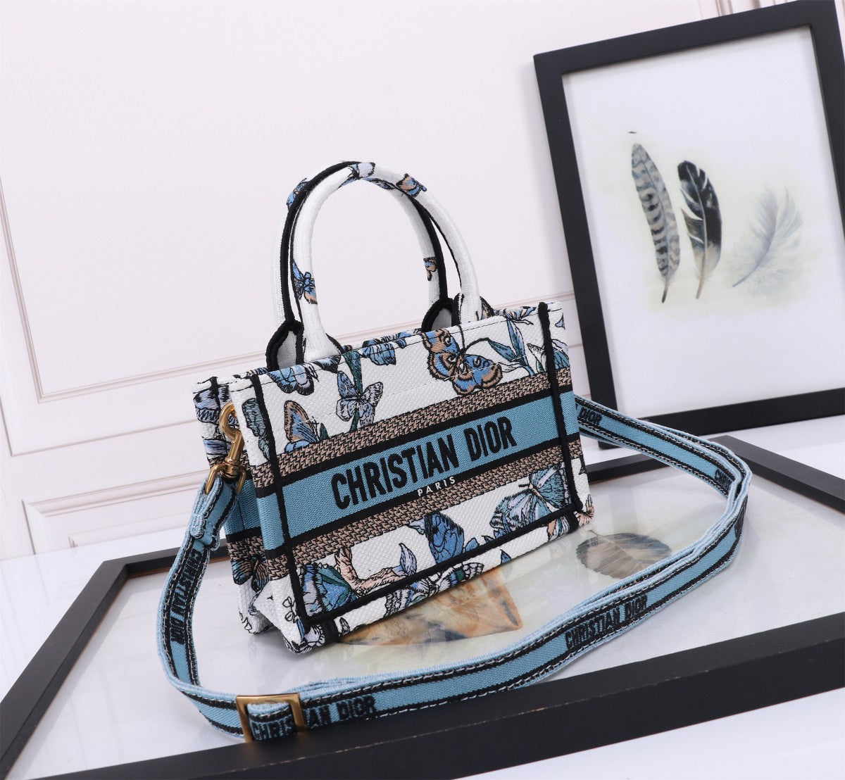 Christian Dior Blue Butterfly Embroidery Small Book Tote Handbag with Strap
