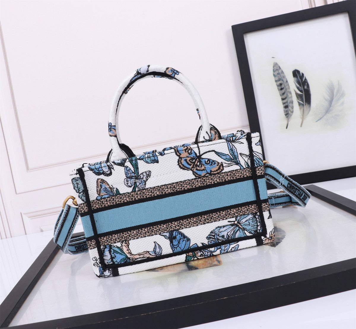 Christian Dior Blue Butterfly Embroidery Small Book Tote Handbag with Strap