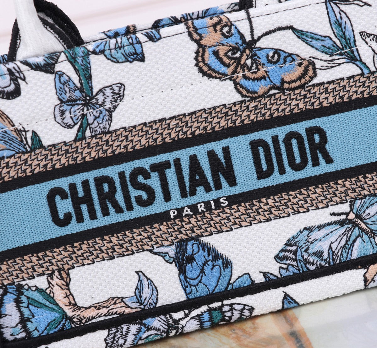 Christian Dior Blue Butterfly Embroidery Small Book Tote Handbag with Strap