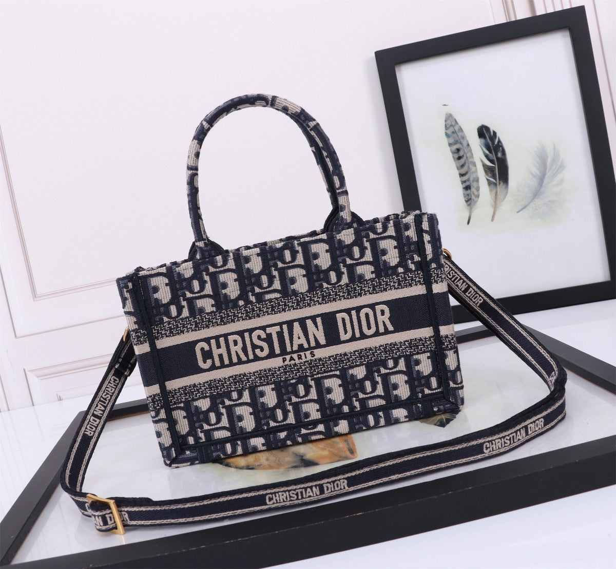 Christian Dior Blue Oblique Embroidery Small Book Tote Bag with Shoulder Strap
