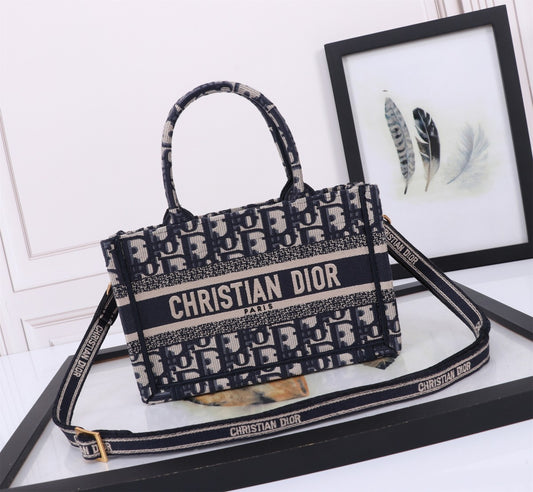 Christian Dior Blue Oblique Embroidery Small Book Tote Bag with Shoulder Strap