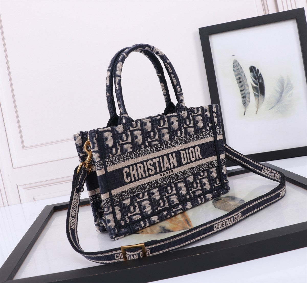 Christian Dior Blue Oblique Embroidery Small Book Tote Bag with Shoulder Strap