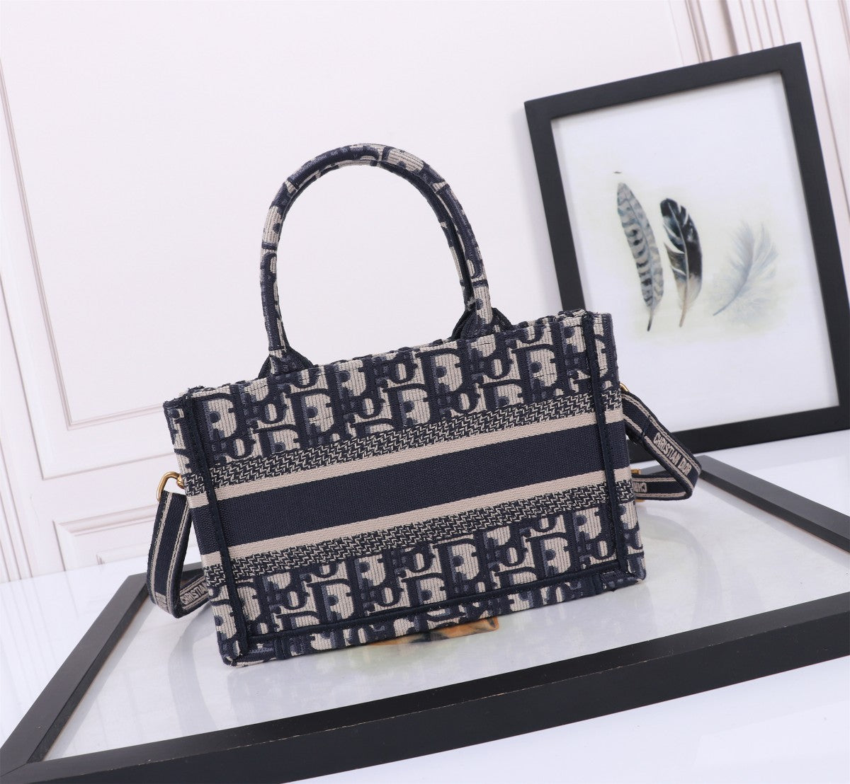 Christian Dior Blue Oblique Embroidery Small Book Tote Bag with Shoulder Strap