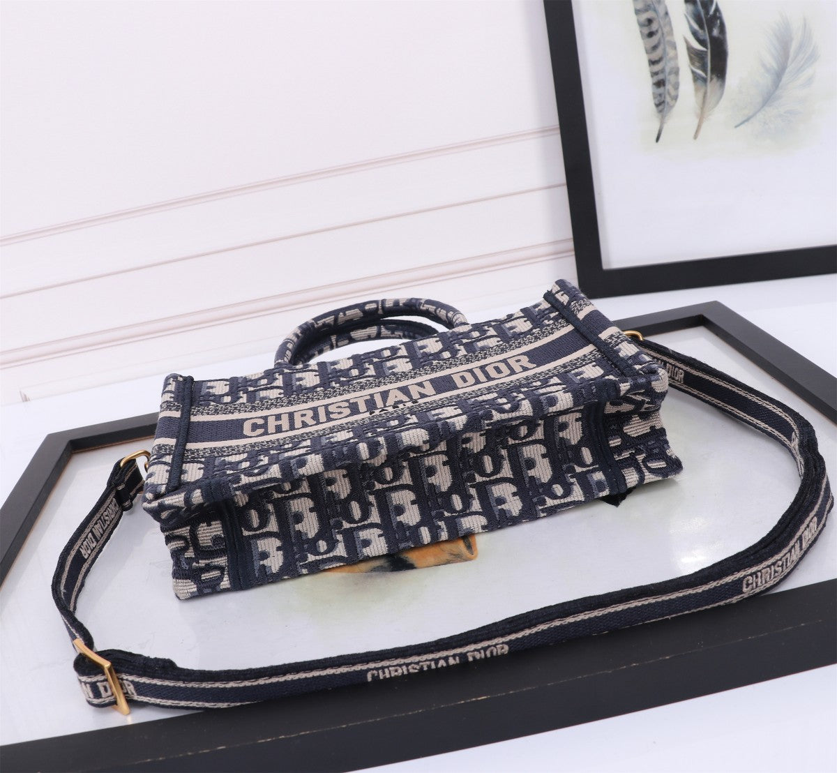 Dior Classic Navy Monogram Embroidered Canvas Top Handle Tote Bag