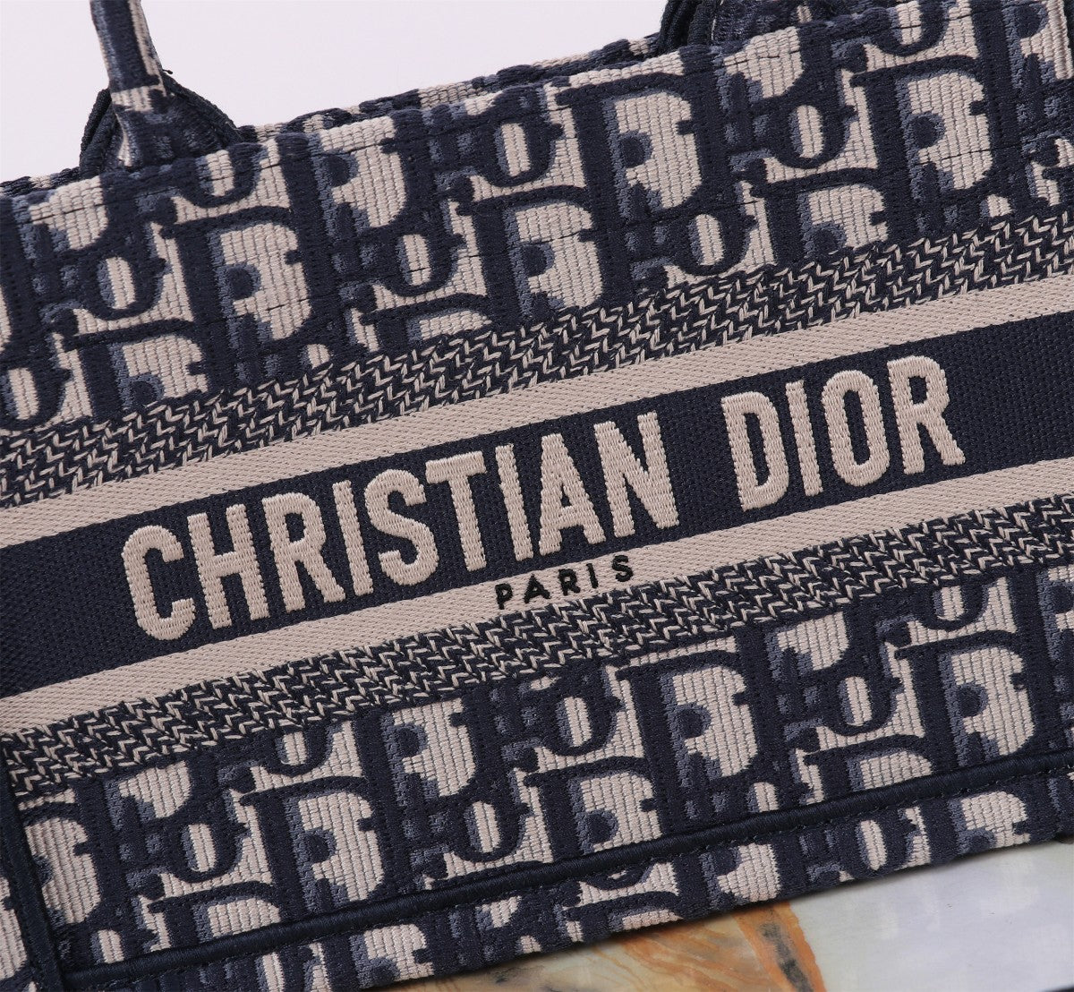 Christian Dior Blue Oblique Embroidery Small Book Tote Bag with Shoulder Strap