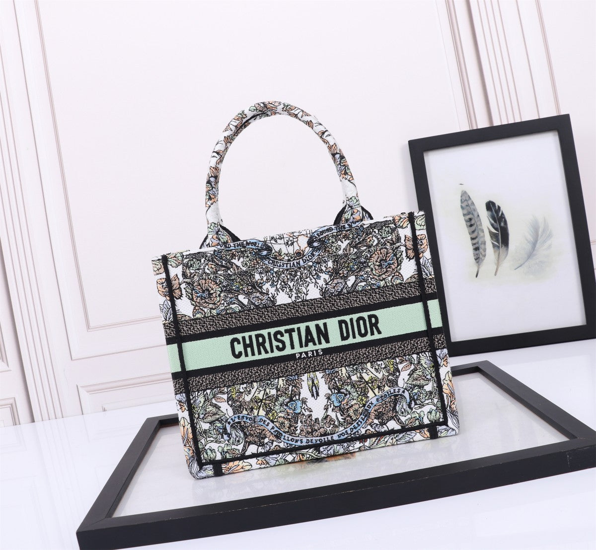 Christian Dior Book Tote - Multicolor Floral Embroidered Canvas with Green Band