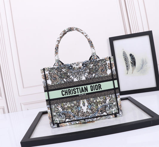 Christian Dior Book Tote - Multicolor Floral Embroidered Canvas with Green Band