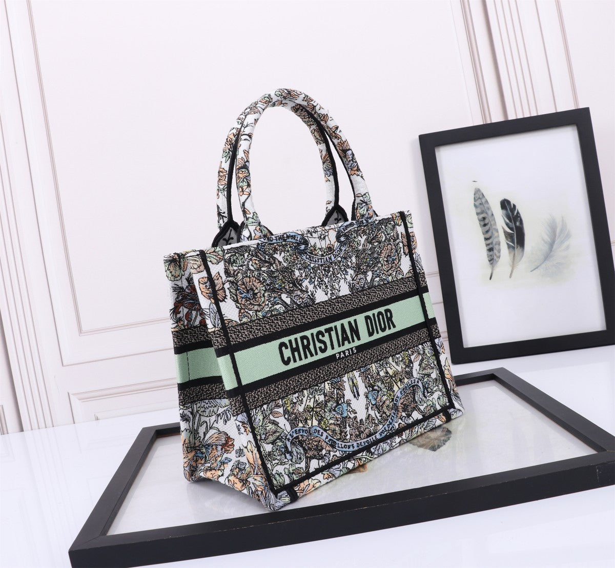 Christian Dior Book Tote - Multicolor Floral Embroidered Canvas with Green Band