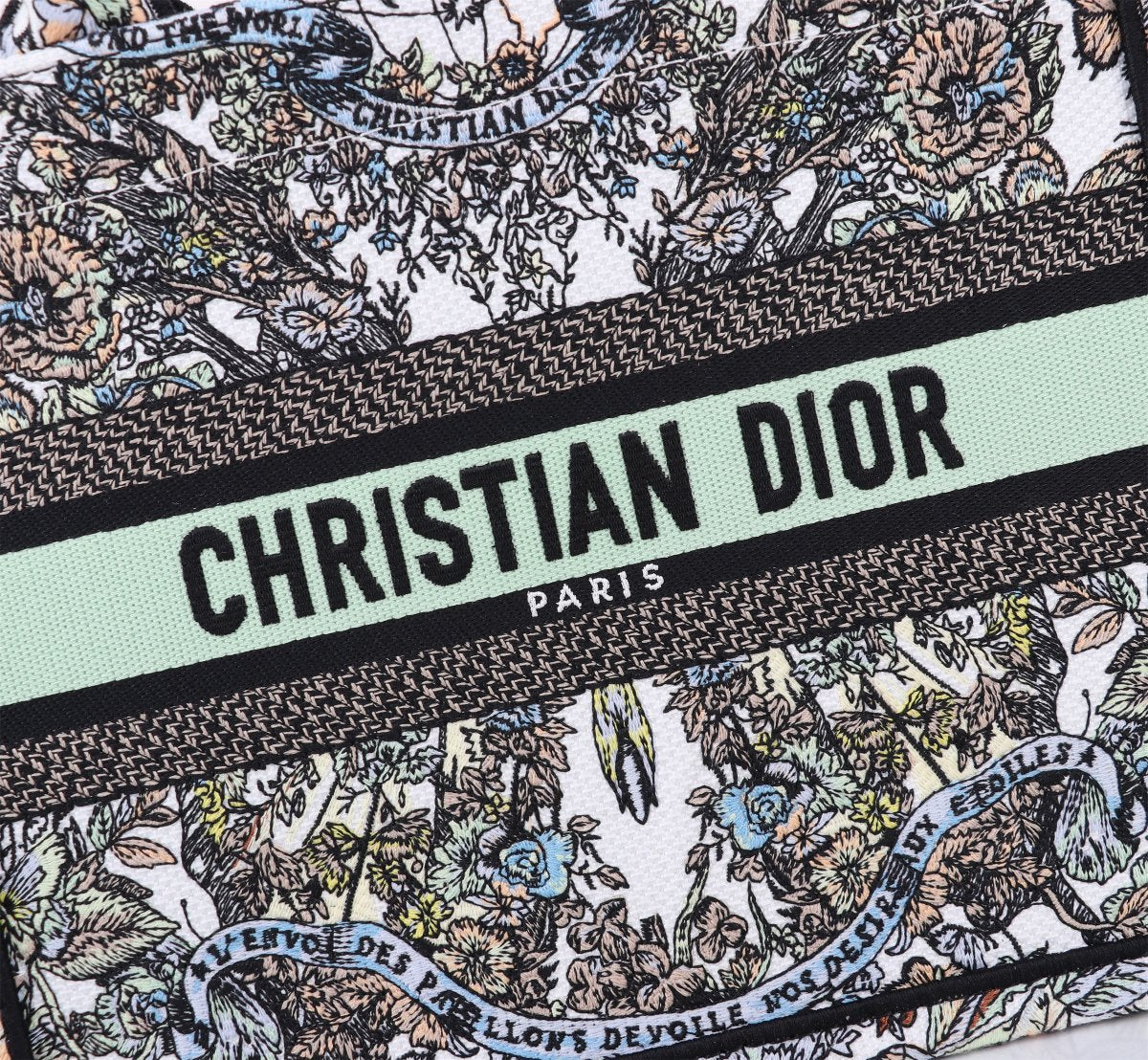 Christian Dior Book Tote - Multicolor Floral Embroidered Canvas with Green Band