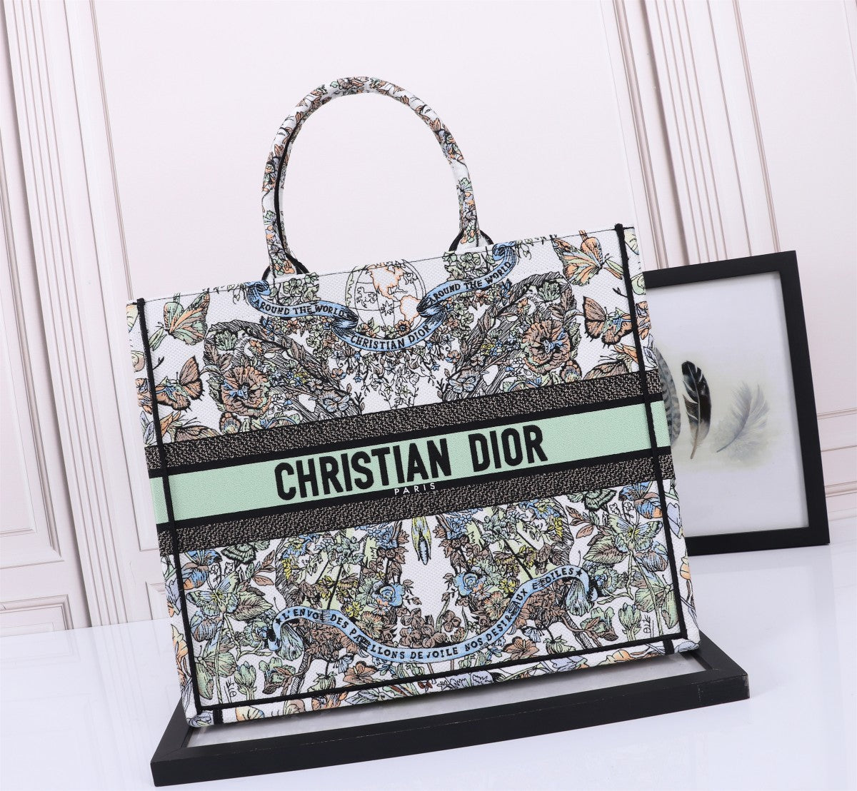 Christian Dior Medium Book Tote - Butterfly Print Canvas - Green & White