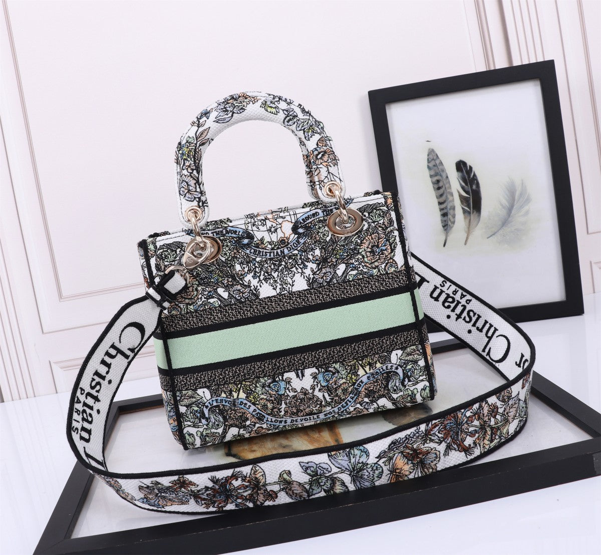 Christian Dior Lady D-Lite Bag with Black and White Embroidery