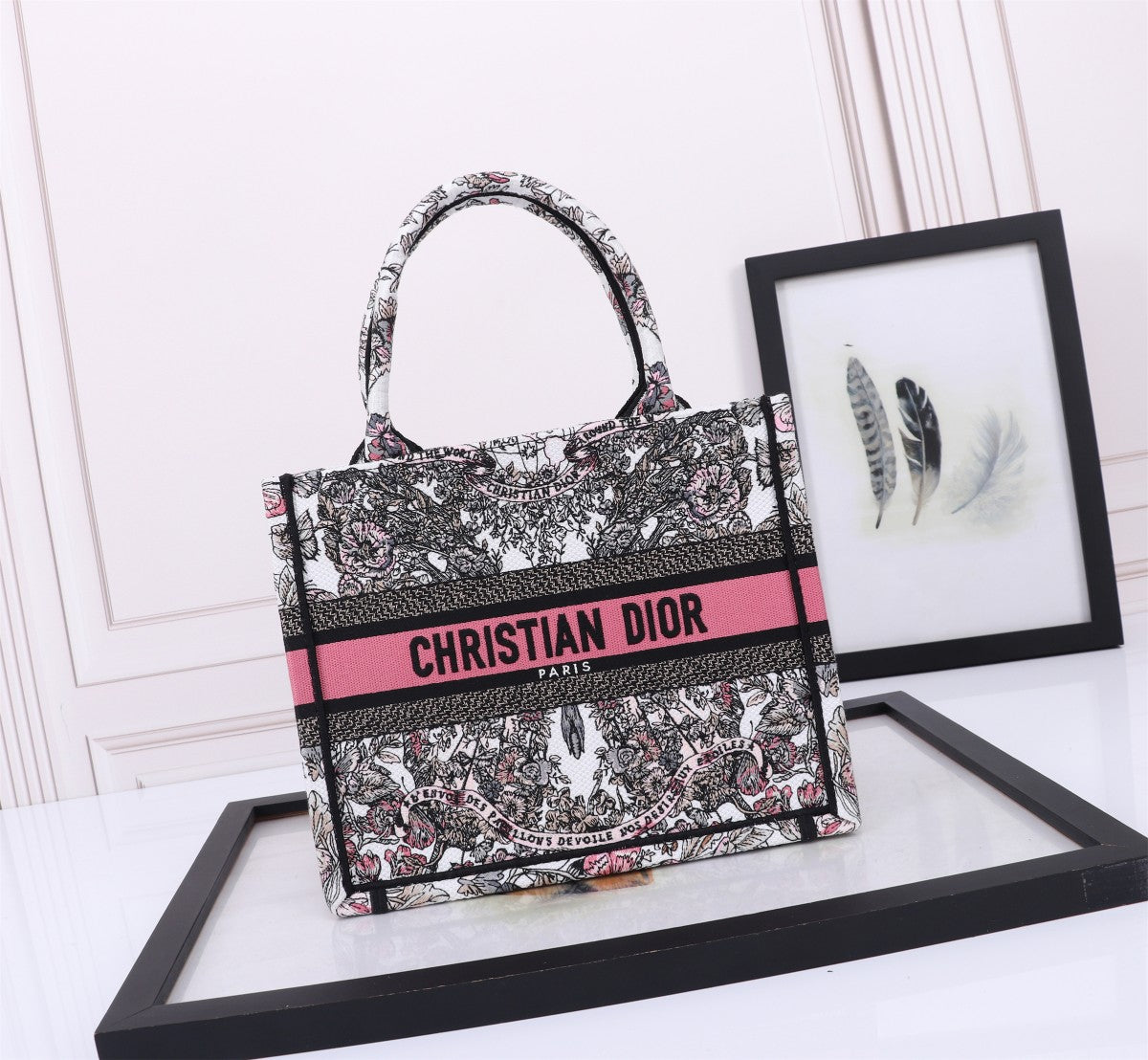 Christian Dior Book Tote Embroidered Canvas Bag - White/Black/Pink