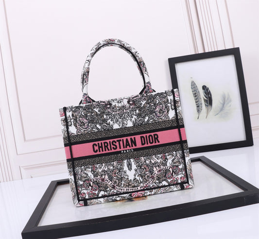 Christian Dior Book Tote Embroidered Canvas Bag - White/Black/Pink