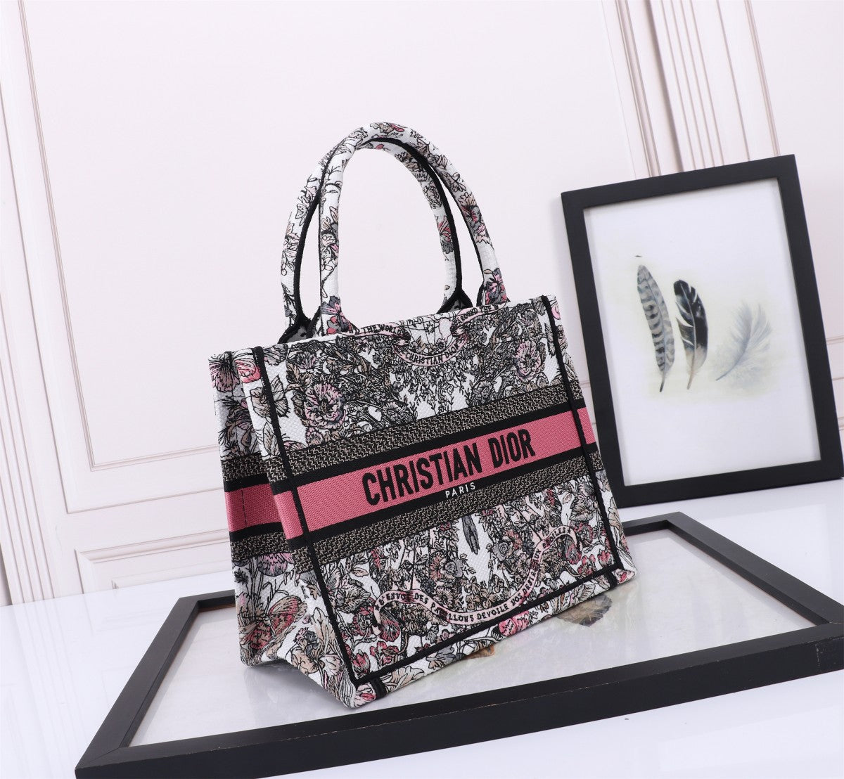 Christian Dior Book Tote - Embroidered Canvas Handbag with Toile de Jouy Pattern - Pink/Black/White