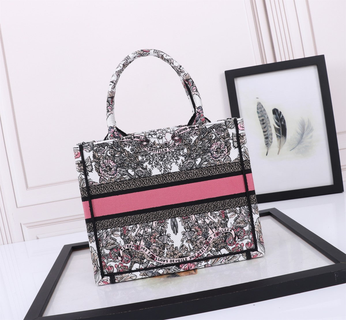 Christian Dior Book Tote Embroidered Canvas Bag - White/Black/Pink