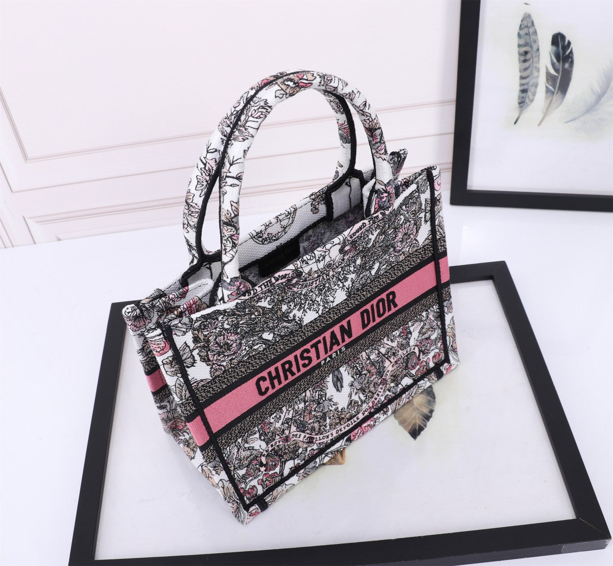 Christian Dior Book Tote Embroidered Canvas Bag - White/Black/Pink