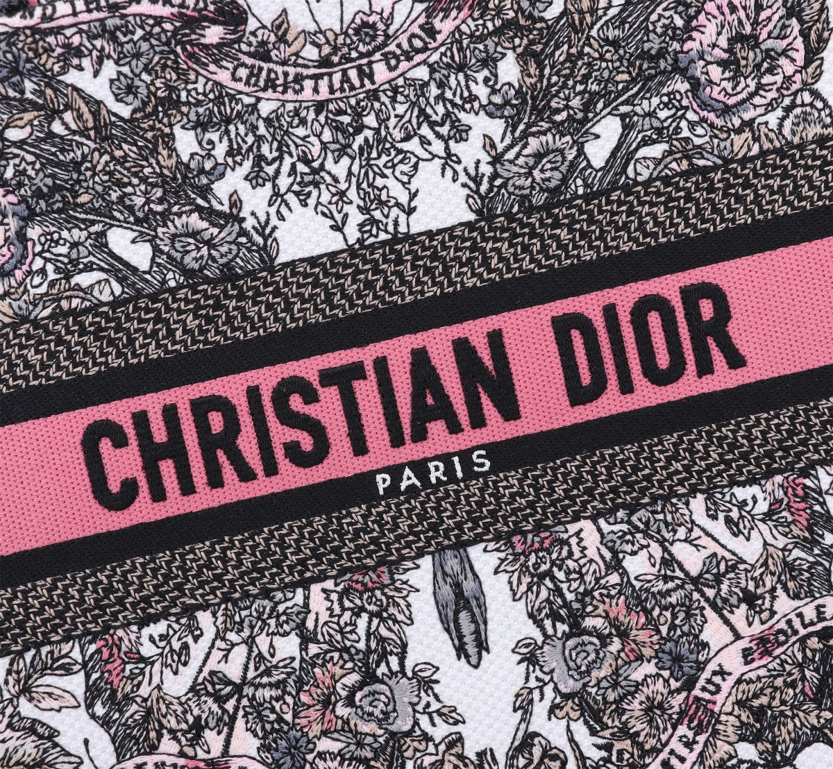 Christian Dior Book Tote Embroidered Canvas Bag - White/Black/Pink