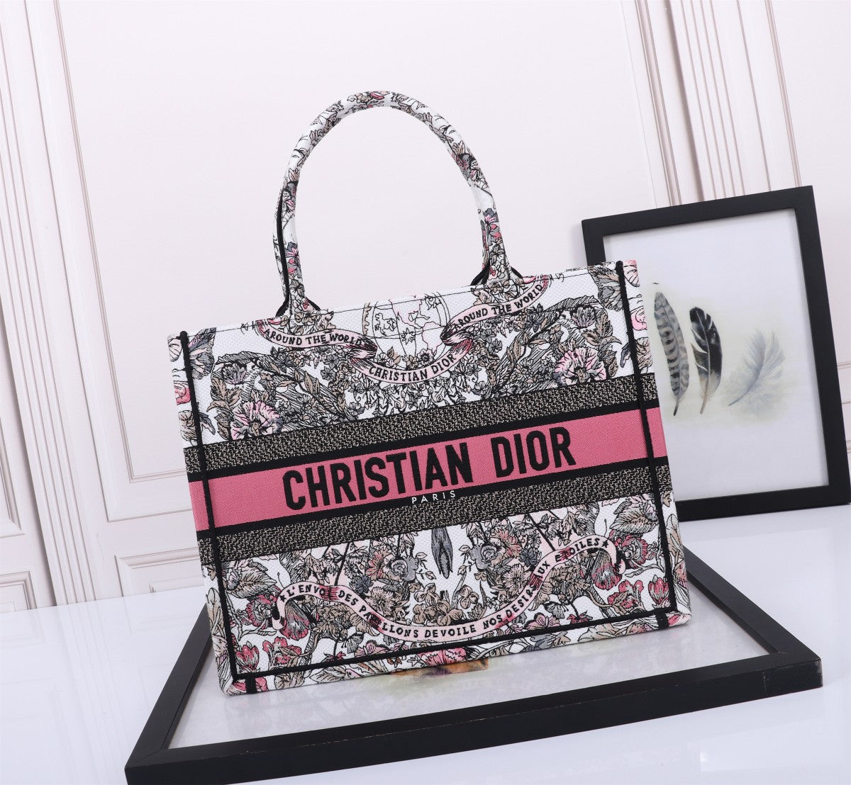 Christian Dior Floral Book Tote Bag with Signature Pink Logo Band