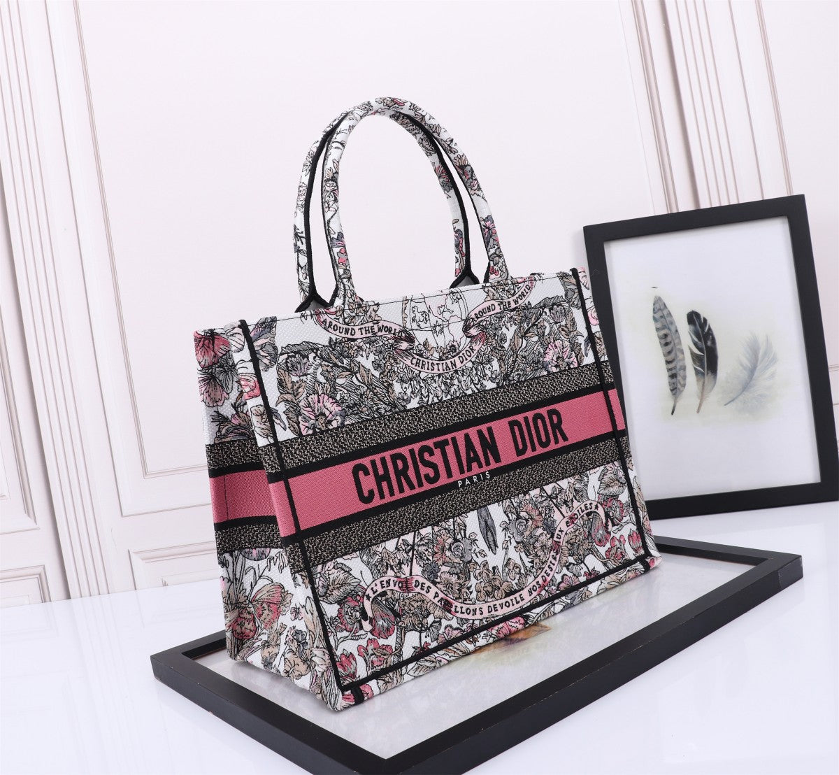 Christian Dior Book Tote Pink Patterned Canvas Embroidered Handbag