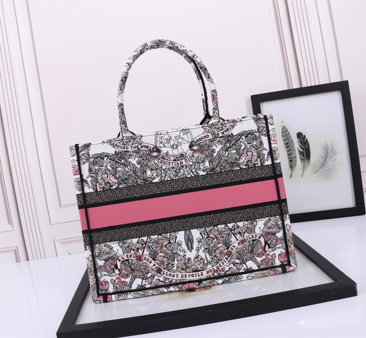 Christian Dior Floral Book Tote Bag with Signature Pink Logo Band
