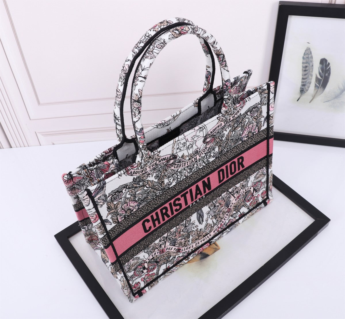 Christian Dior Floral Book Tote Bag with Signature Pink Logo Band
