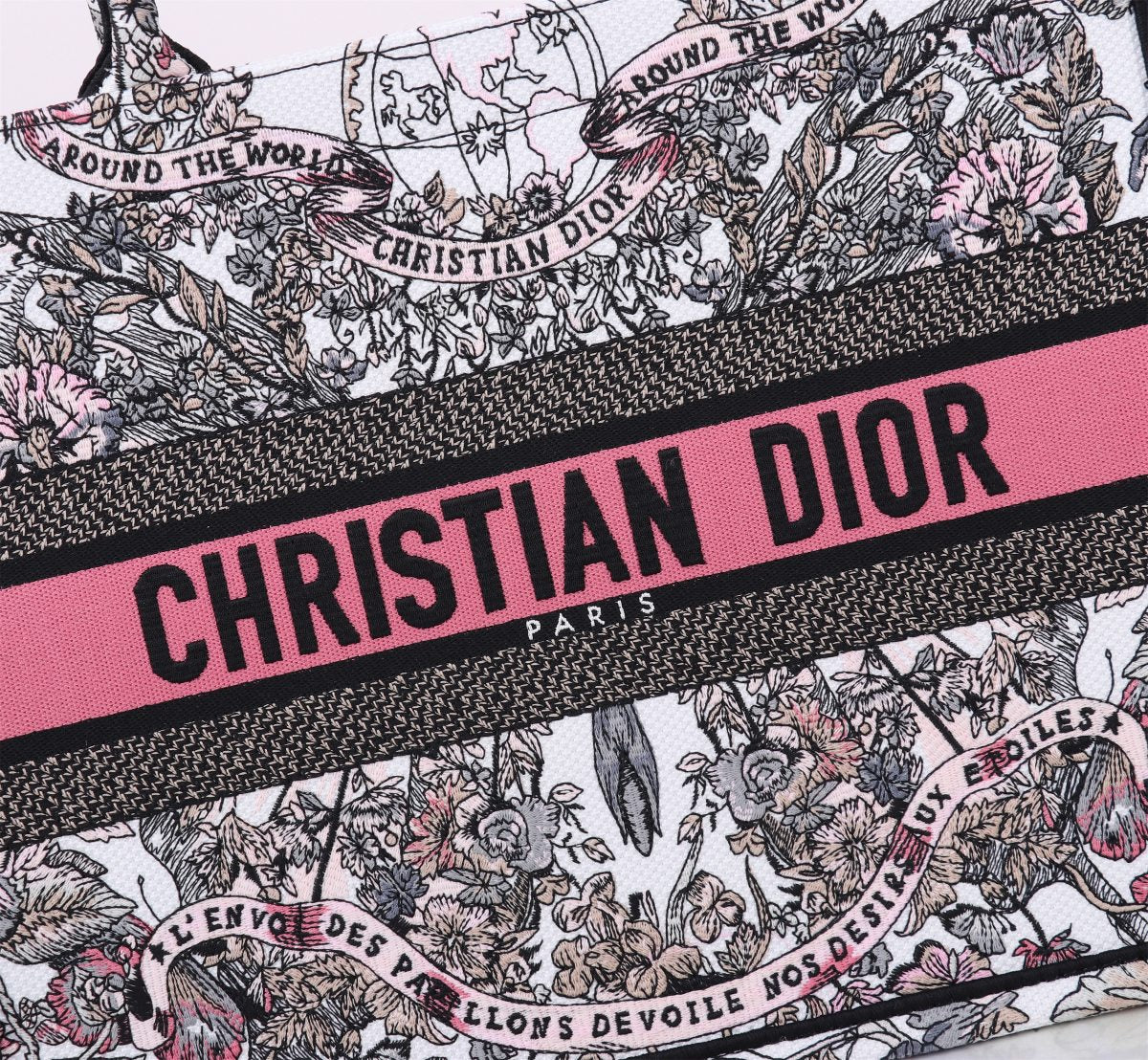 Christian Dior Floral Book Tote Bag with Signature Pink Logo Band