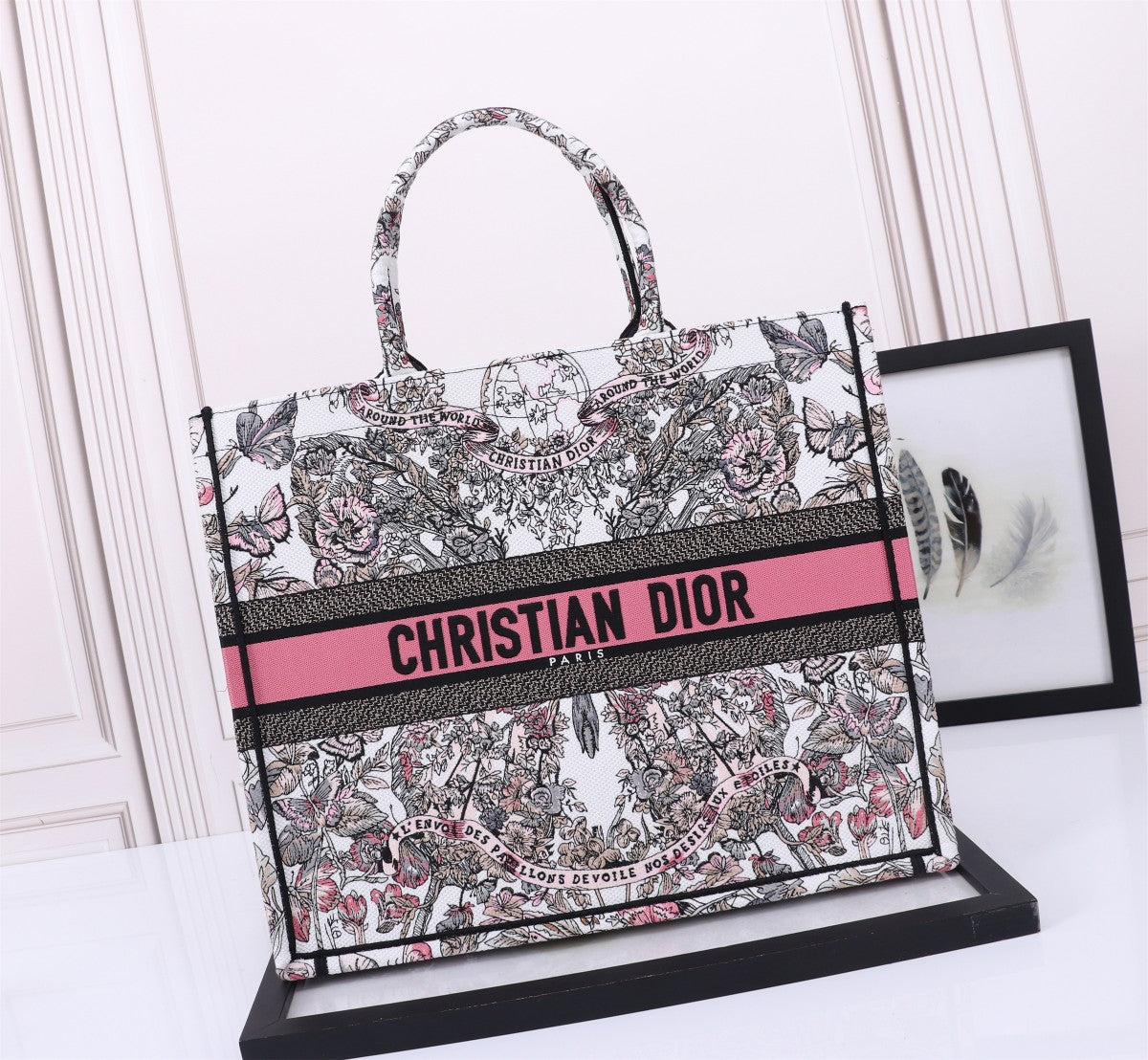 Christian Dior Large Book Tote Bag - Floral Embroidered Canvas with Pink Signature Band