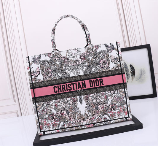 Christian Dior Large Book Tote Bag - Floral Embroidered Canvas with Pink Signature Band