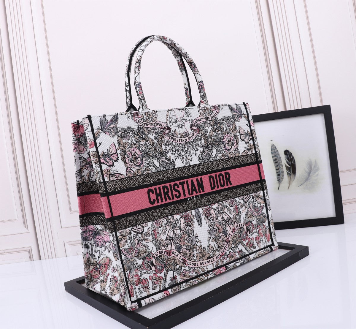 Christian Dior Large Book Tote Bag - Pink Embroidered Canvas with Signature Logo