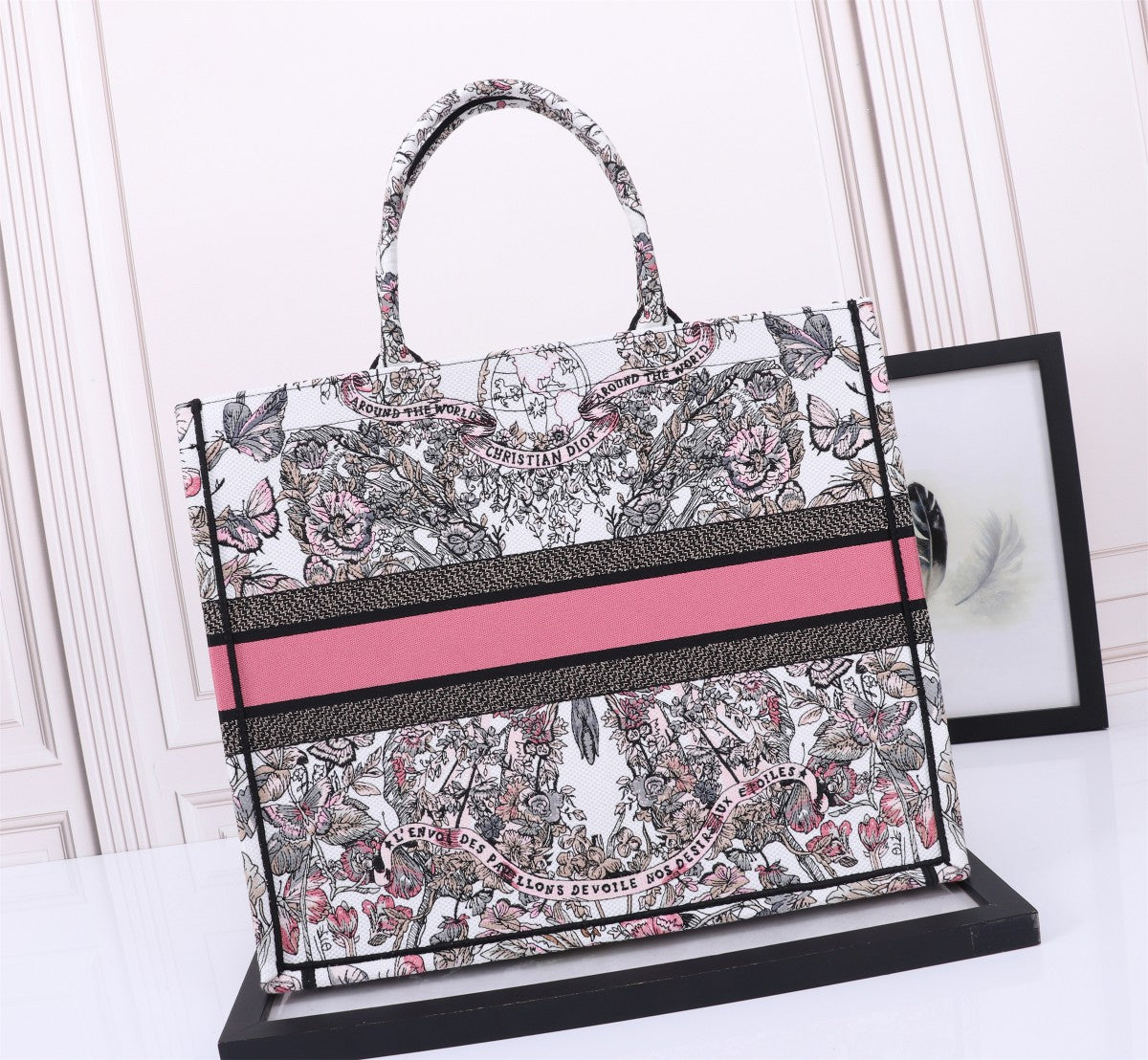 Christian Dior Large Book Tote Bag - Pink Embroidered Canvas with Signature Logo