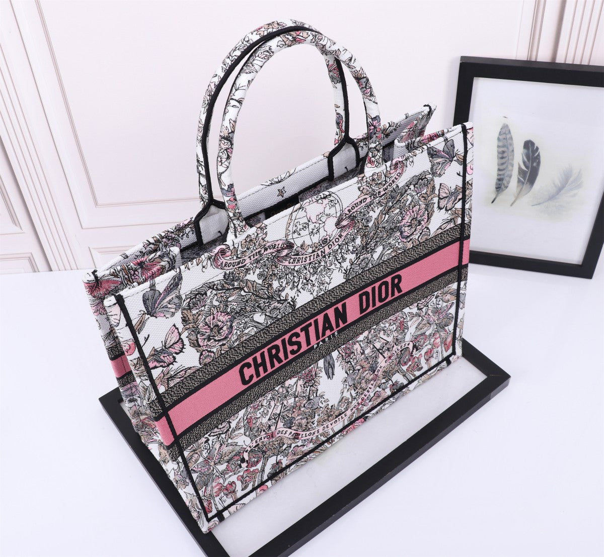 Christian Dior Large Book Tote Bag - Floral Embroidered Canvas with Pink Signature Band
