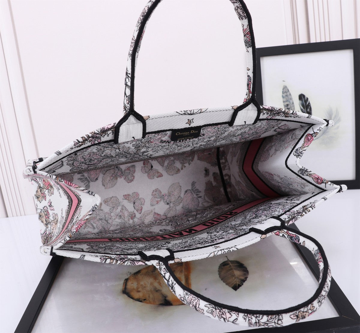 Christian Dior Large Book Tote Bag - Pink Embroidered Canvas with Signature Logo