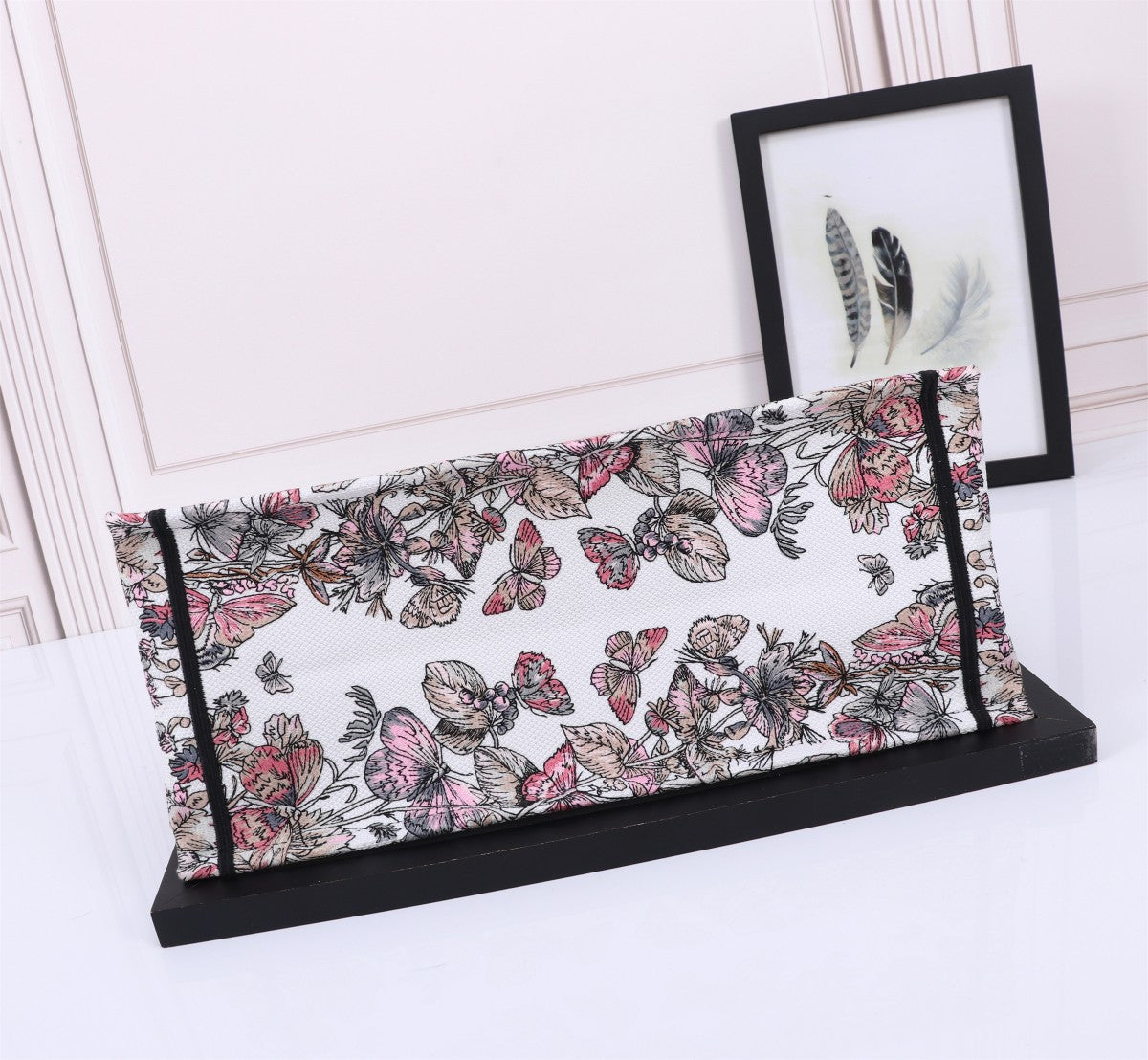 Christian Dior Large Book Tote Bag - Floral Embroidered Canvas with Pink Signature Band