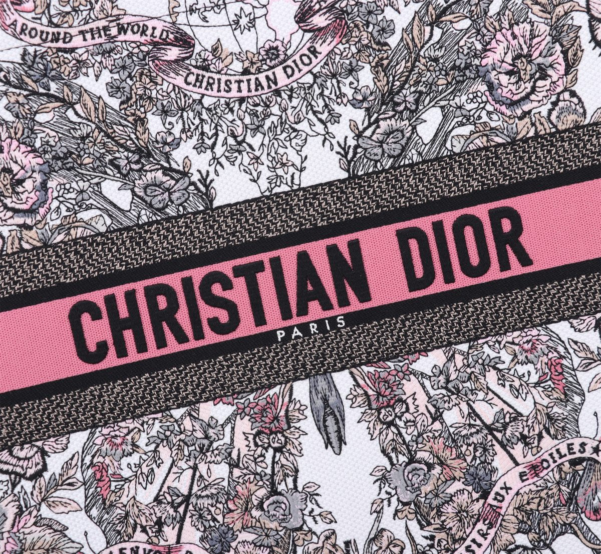 Christian Dior Large Book Tote Bag - Floral Embroidered Canvas with Pink Signature Band