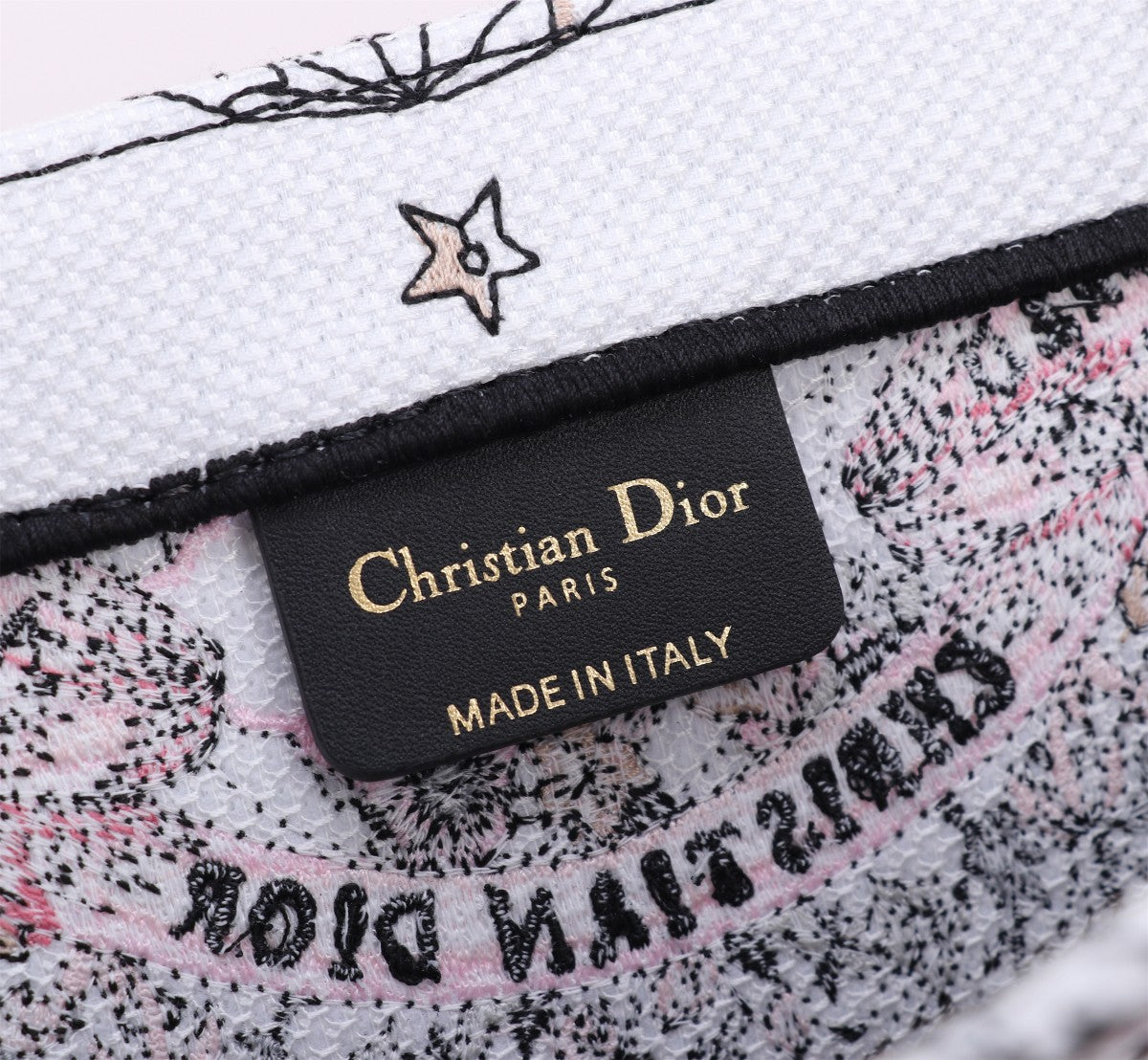 Christian Dior Large Book Tote Bag - Floral Embroidered Canvas with Pink Signature Band