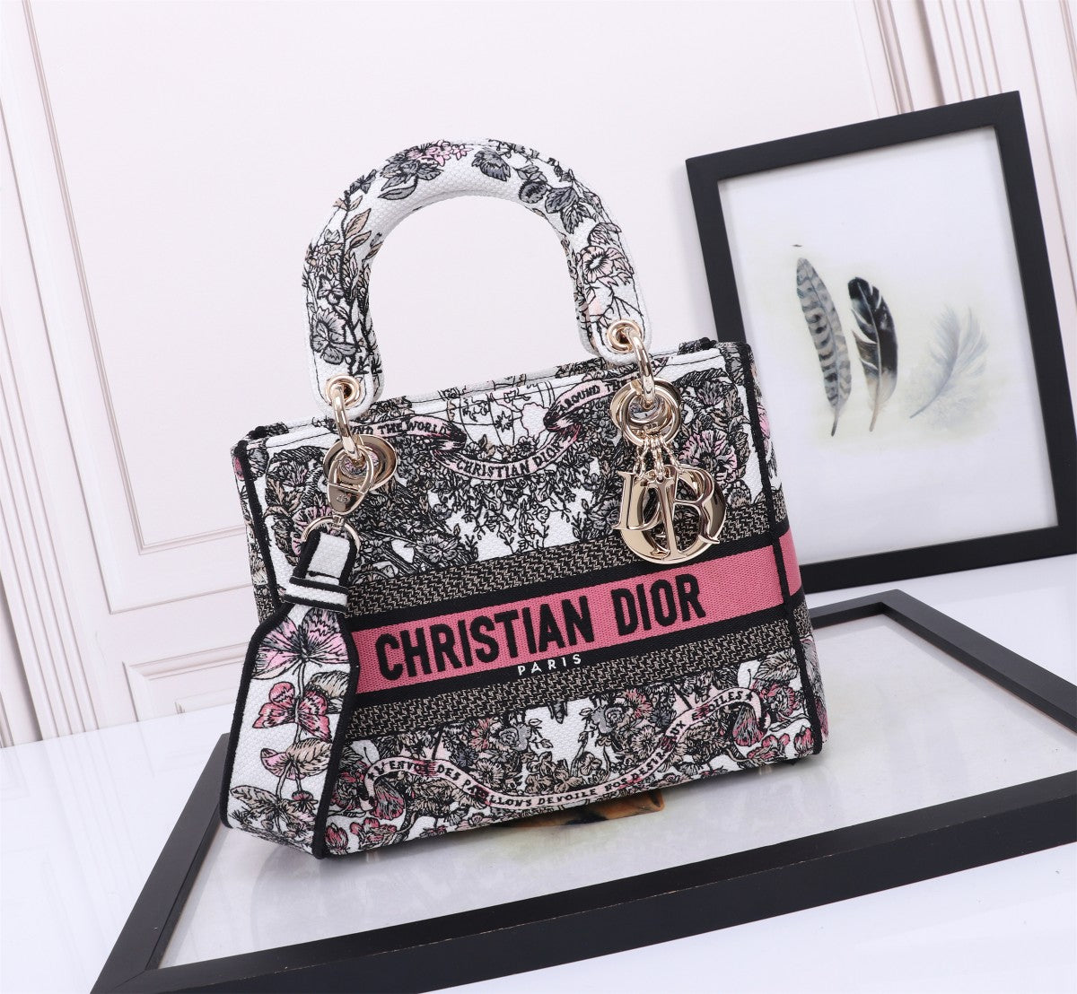 Christian Dior Lady D-Lite Handbag with Pink Floral Butterfly Embroidery
