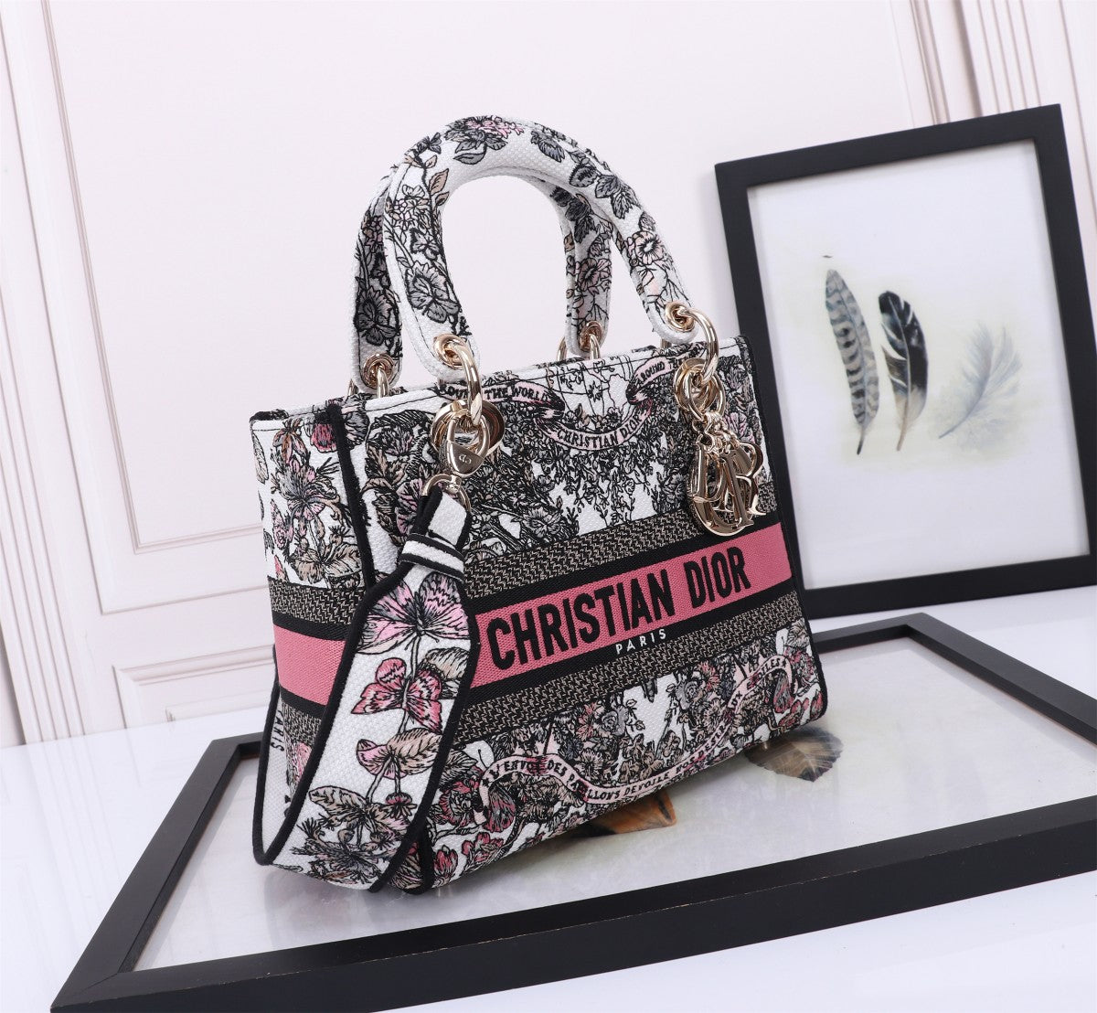 Christian Dior Lady D-Lite Handbag with Pink Floral Butterfly Embroidery