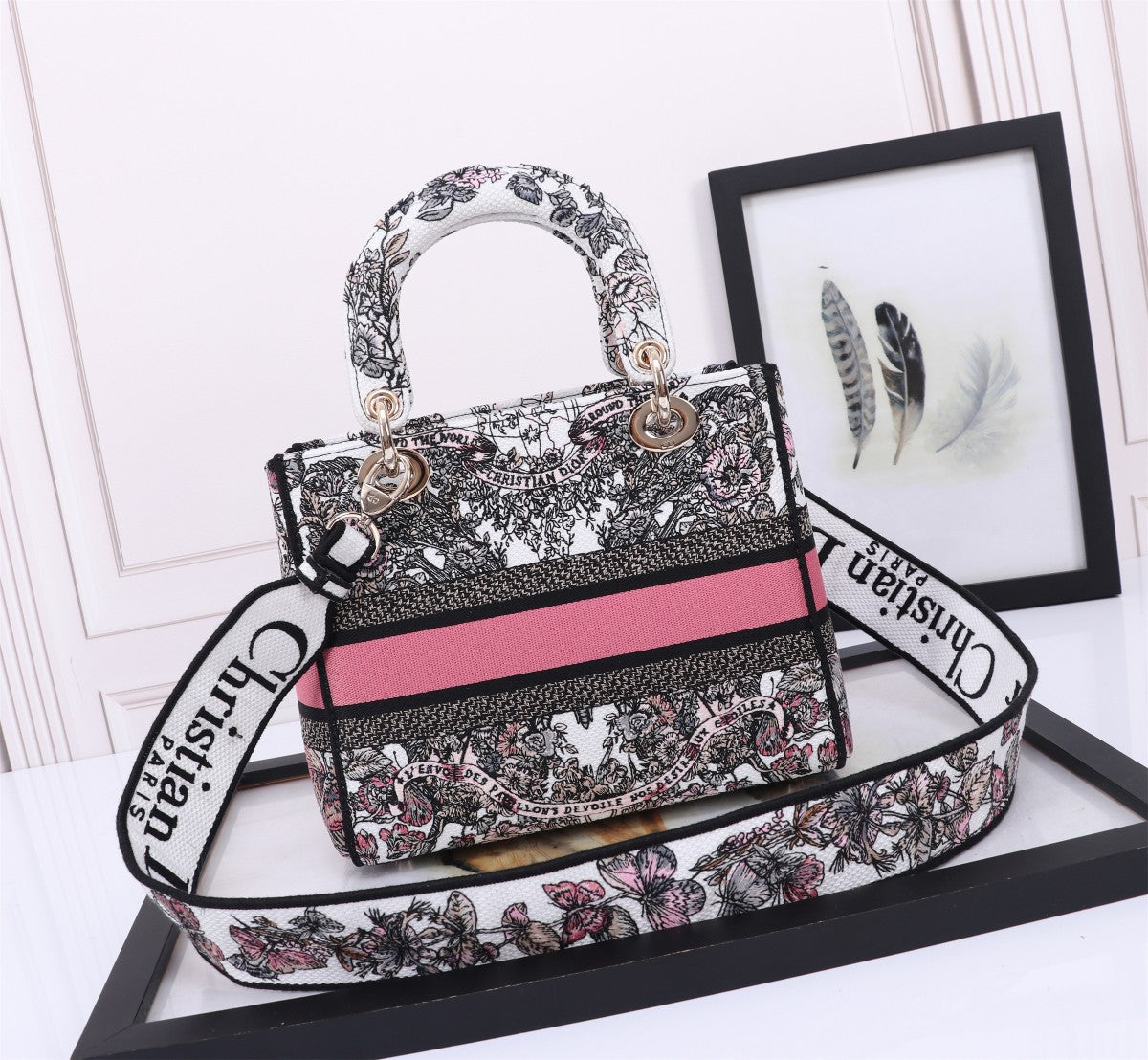 Christian Dior Lady D-Lite Handbag with Pink Floral Butterfly Embroidery
