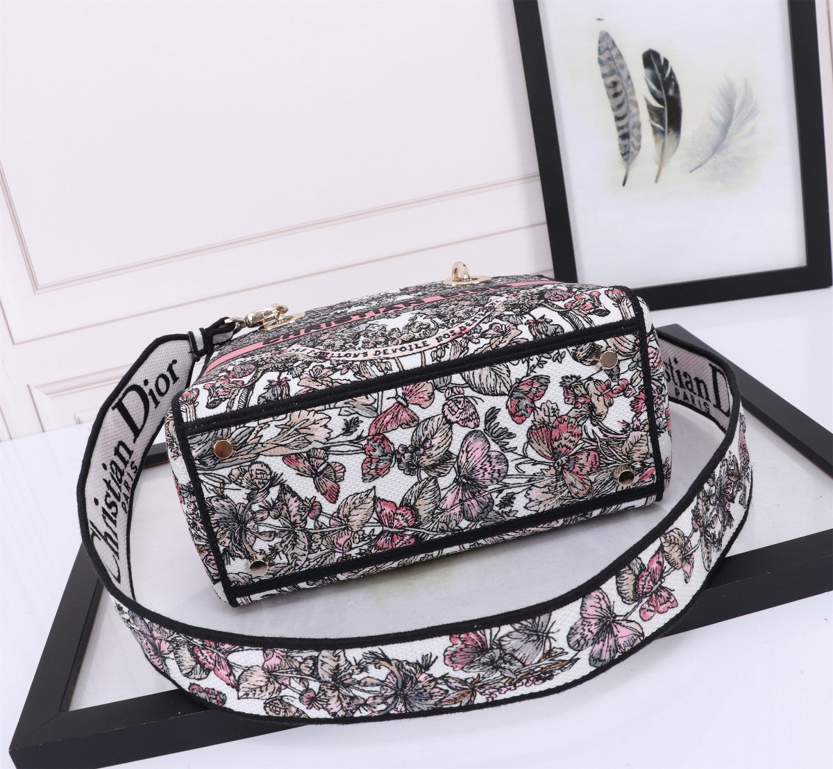 Christian Dior Lady D-Lite Handbag Grey Floral Embroidery with Pink Stripe