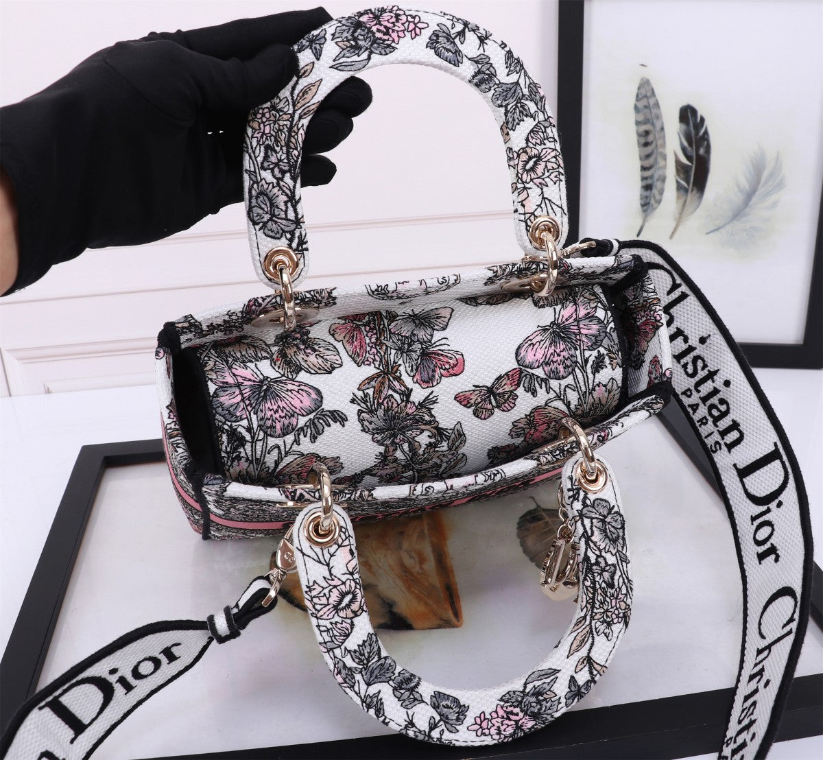 Christian Dior Lady D-Lite Handbag Grey Floral Embroidery with Pink Stripe