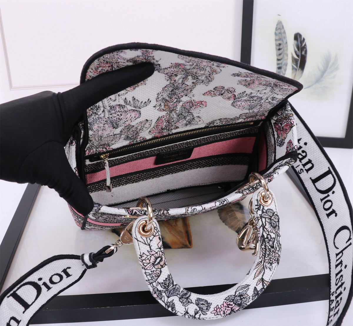 Christian Dior Lady D-Lite Handbag Grey Floral Embroidery with Pink Stripe