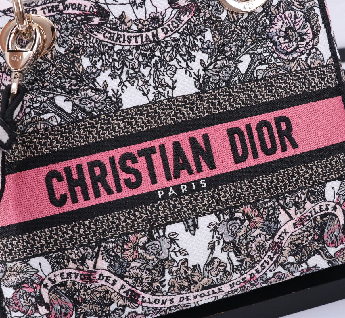 Christian Dior Lady D-Lite Handbag with Pink Floral Butterfly Embroidery