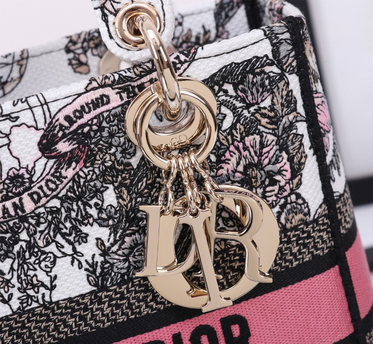 Christian Dior Lady D-Lite Handbag Grey Floral Embroidery with Pink Stripe