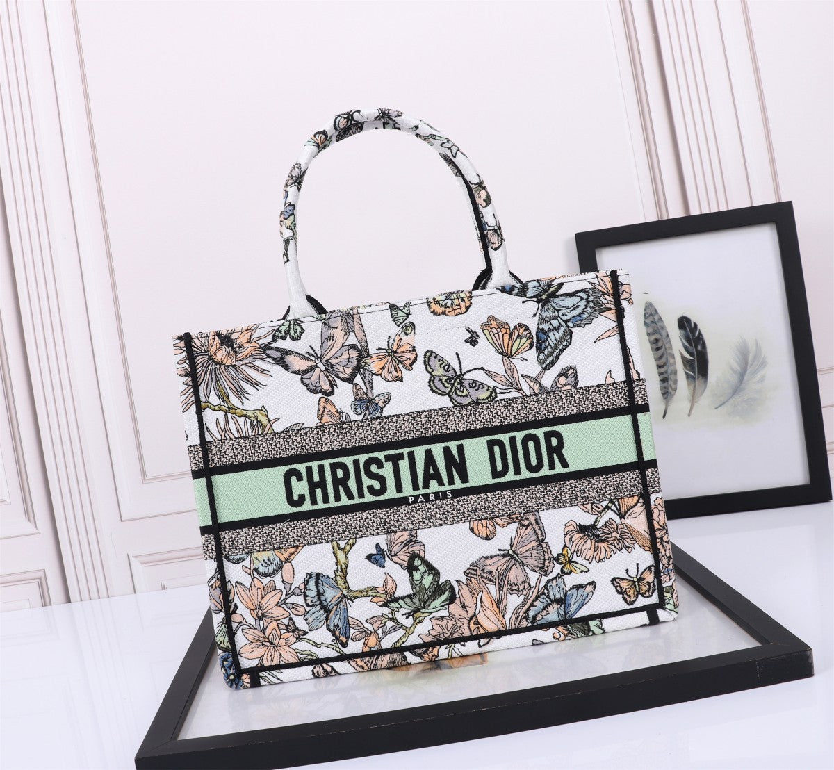 Christian Dior Book Tote - White Multicolor Butterfly Embroidery Medium Bag