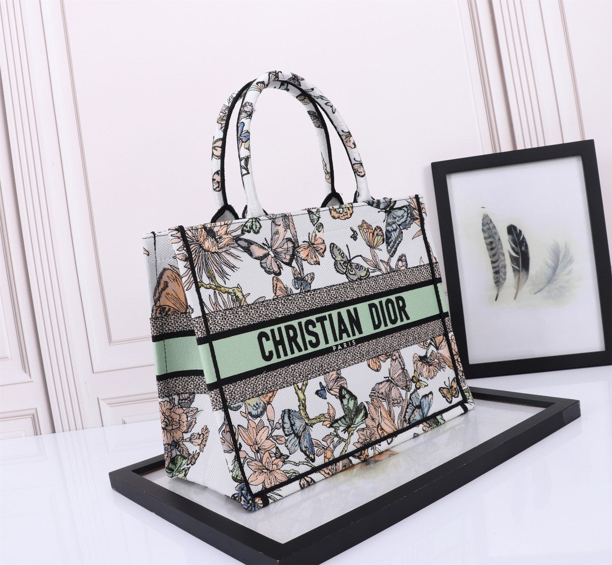Christian Dior Book Tote - White Multicolor Butterfly Embroidery Medium Bag