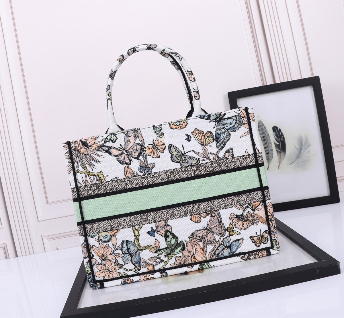 Christian Dior Book Tote - White Multicolor Butterfly Embroidery Medium Bag