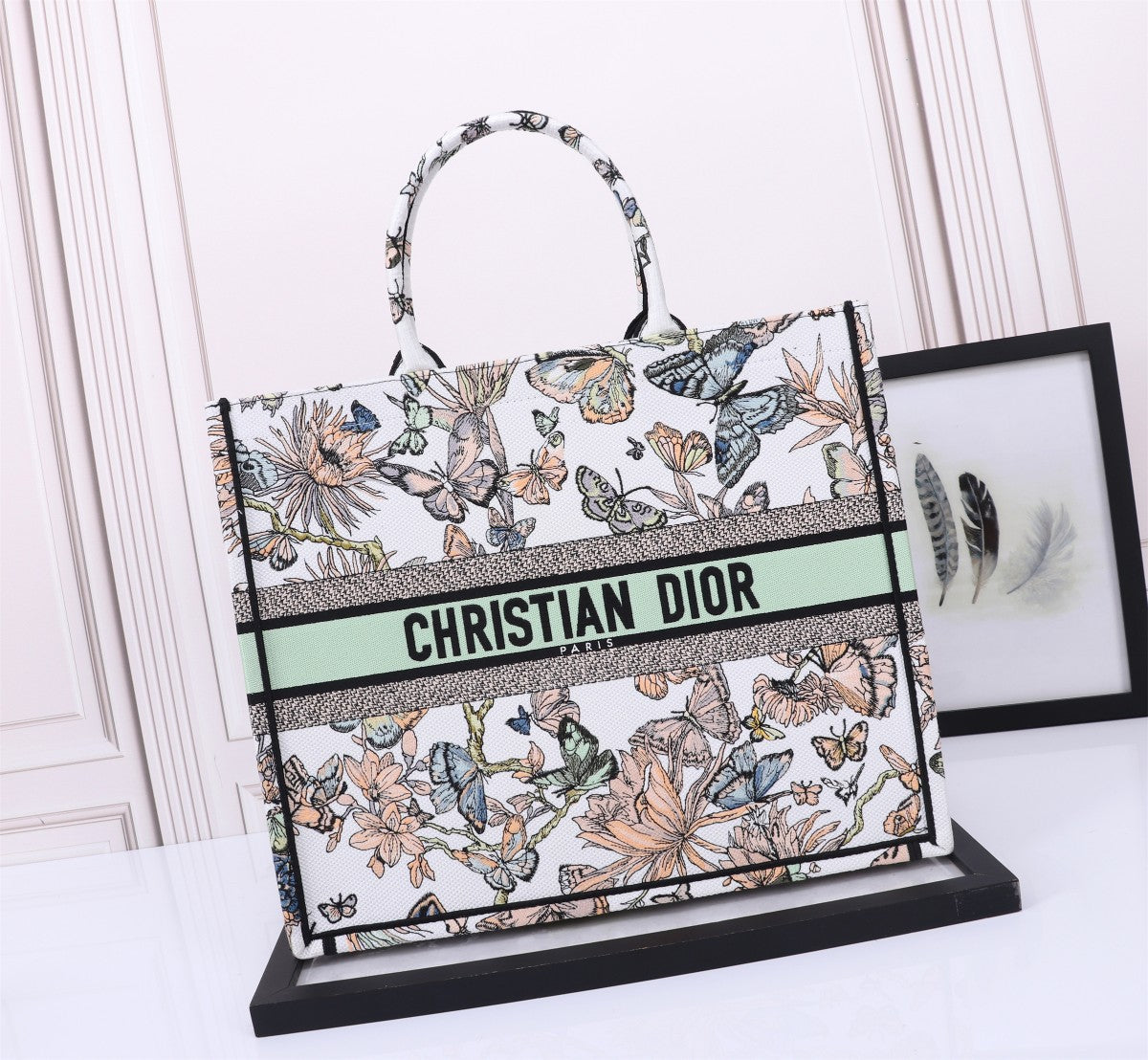 Christian Dior Large Book Tote - White & Green Butterfly Embroidered Canvas