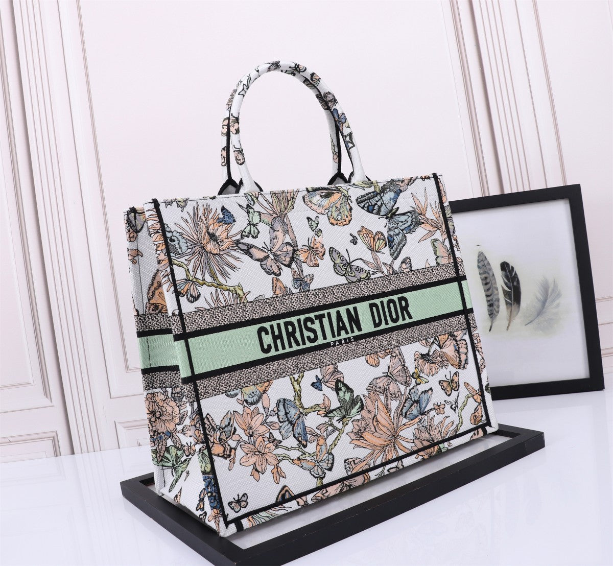 Christian Dior Large Book Tote - White & Green Butterfly Embroidered Canvas